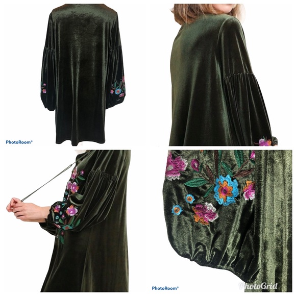 V-neck Velvet Balloon Sleeve Dress - Picture 7 of 10